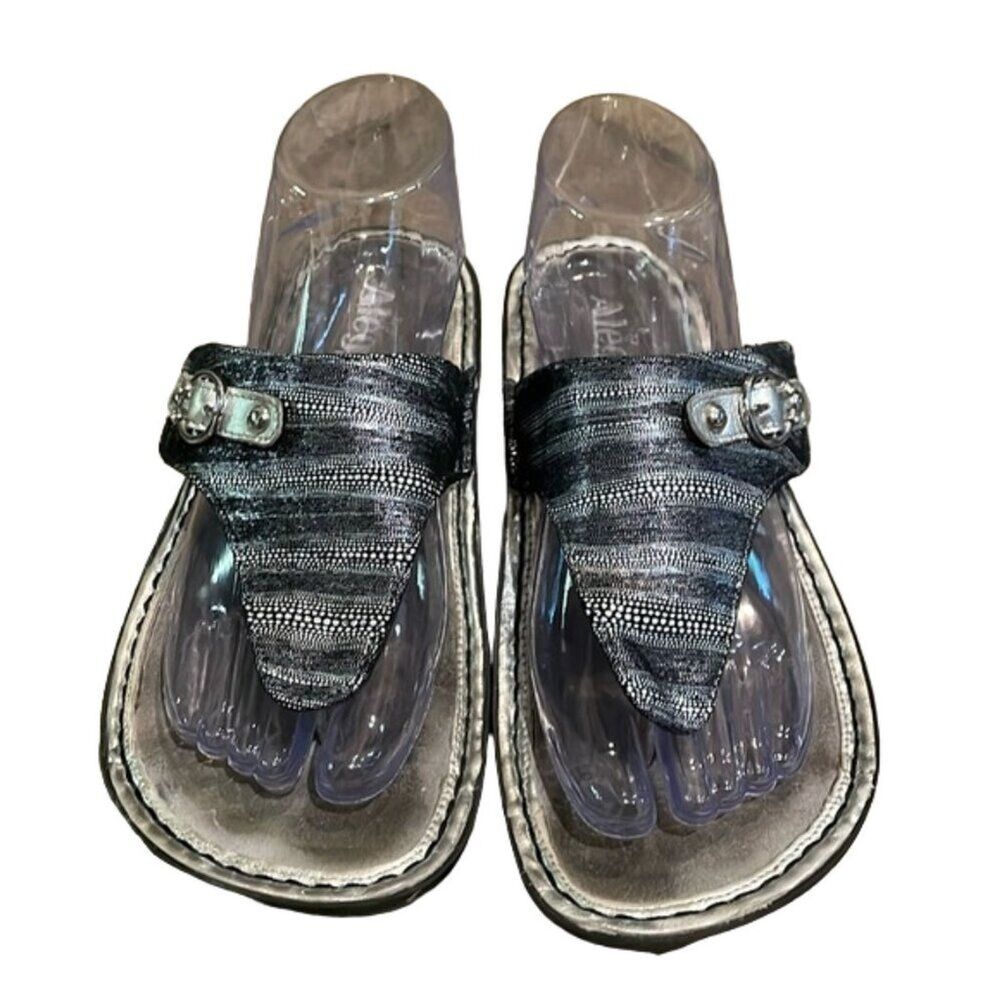 Alegria Vanessa Circulate Black Silver Thong Sandal Shoes Womens Size EU 38